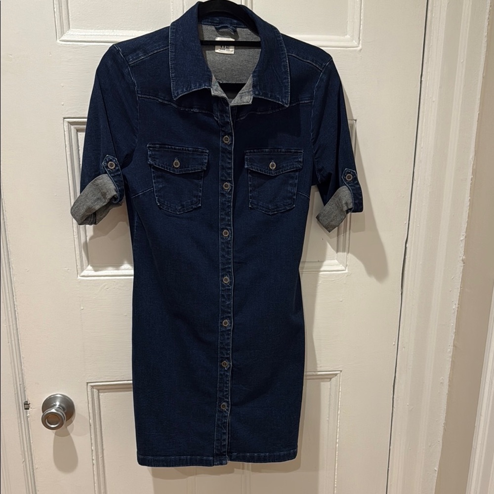 Blue Buttoned Mini Dress with Notched Collar